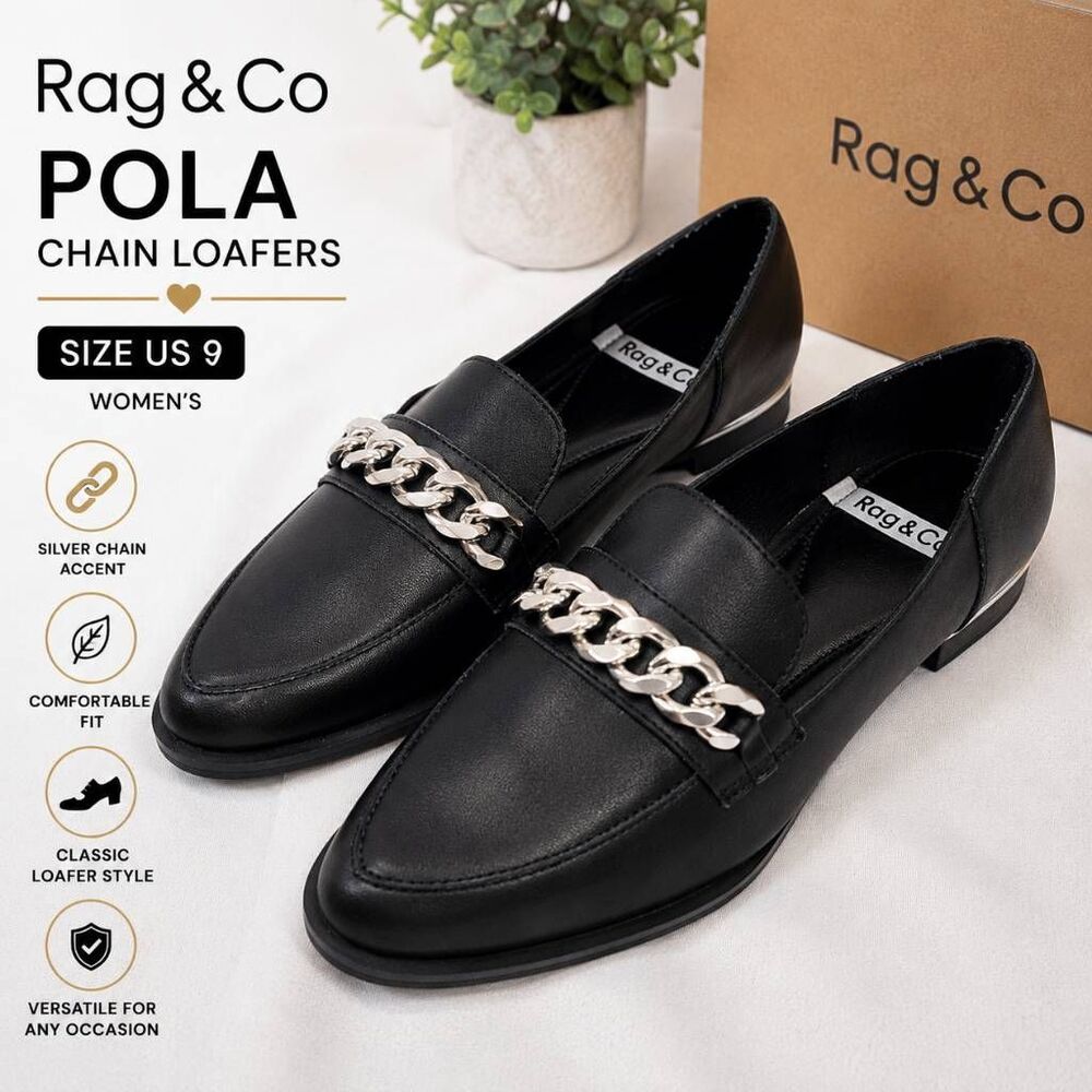Rag & Co Pola Black Chain Loafers Women’s Size 9 Slip On Dress Flats
